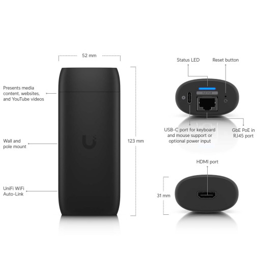 Player Digital Signage HDMI UniFi Ubiquiti Display Cast Pro, USB-C, UC-Cast-Pro